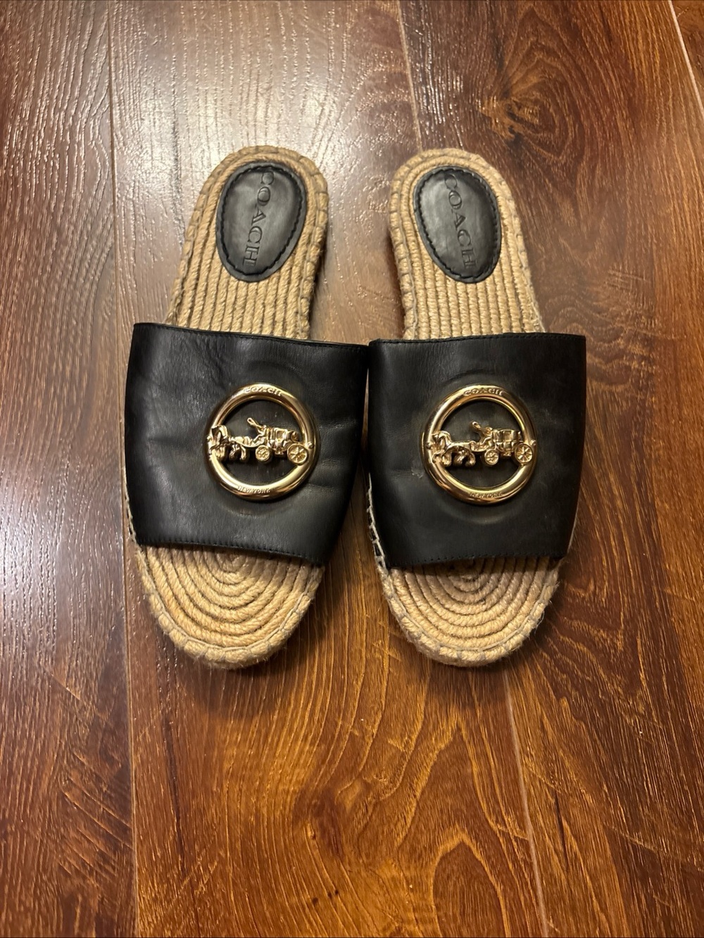 Coach Shoes Coach Camille Espadrille Jute Footbead Black Leather Gold Size 7